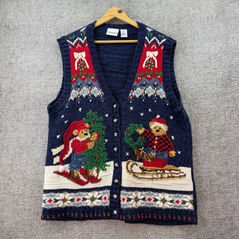 Vintage 80s/90s Fashion Bug Sweater Vest Women 18/20 Blue Christmas Bear Cotton